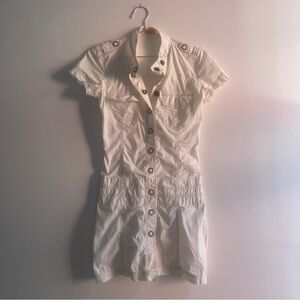 Drop Waist Mini Cargo Cream Button-Up Dress